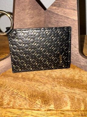 Yves Saint Laurent Black & Gold Quilted Card Holder Key Ring